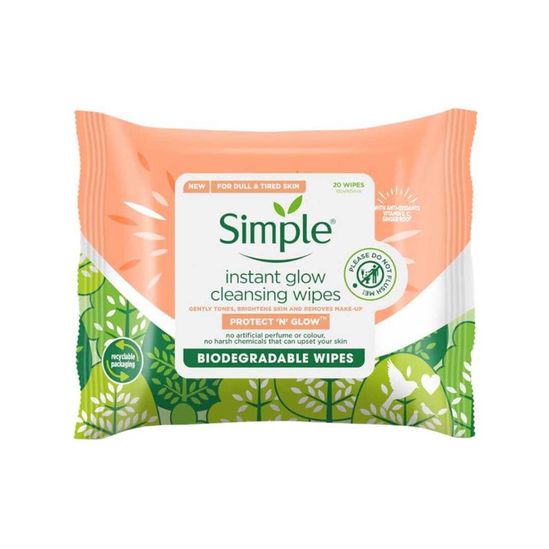 Simple Instant Glow Biodegradable Wipes, 20 Wipes